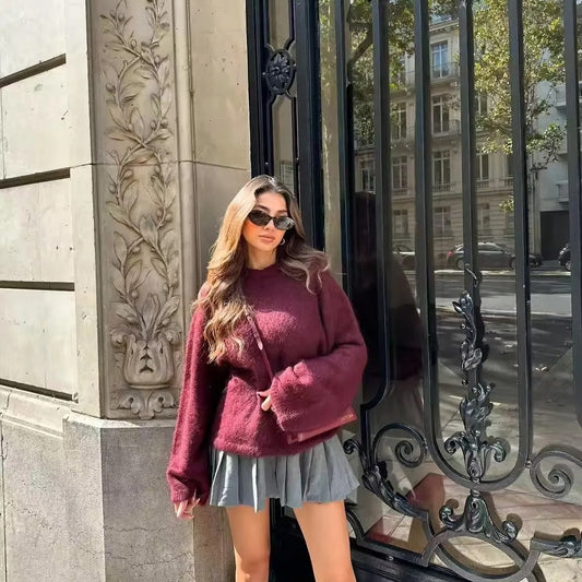 Evioleta | Stylish Knit Burgundy Pullover