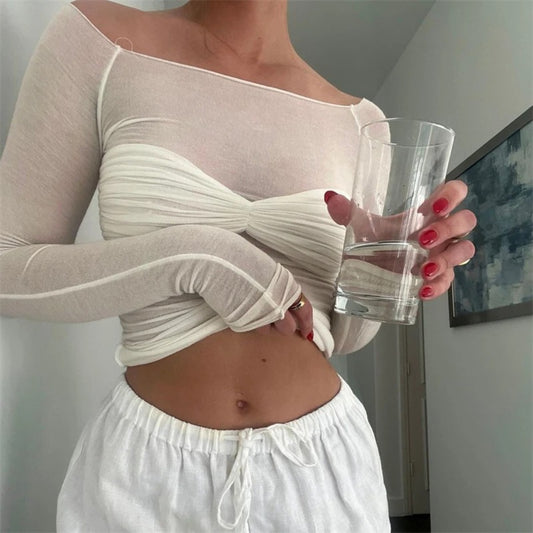 Evioleta | Off-shoulder Sheer Mesh Long Sleeve Top