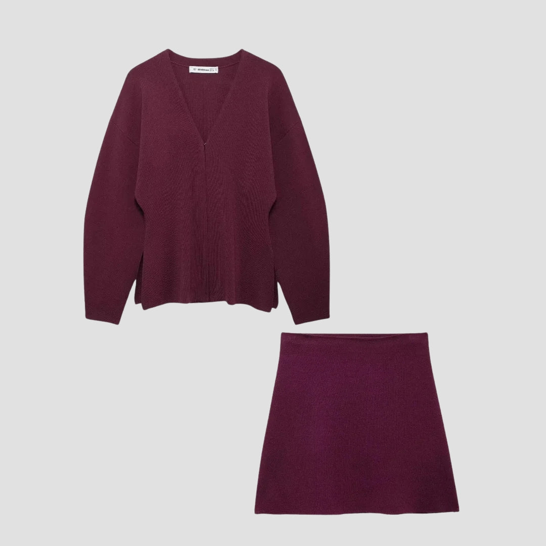 Evioleta | Two-Piece Set – Elegant Long-Sleeve Cardigan & Chic A-Line Mini Skirt