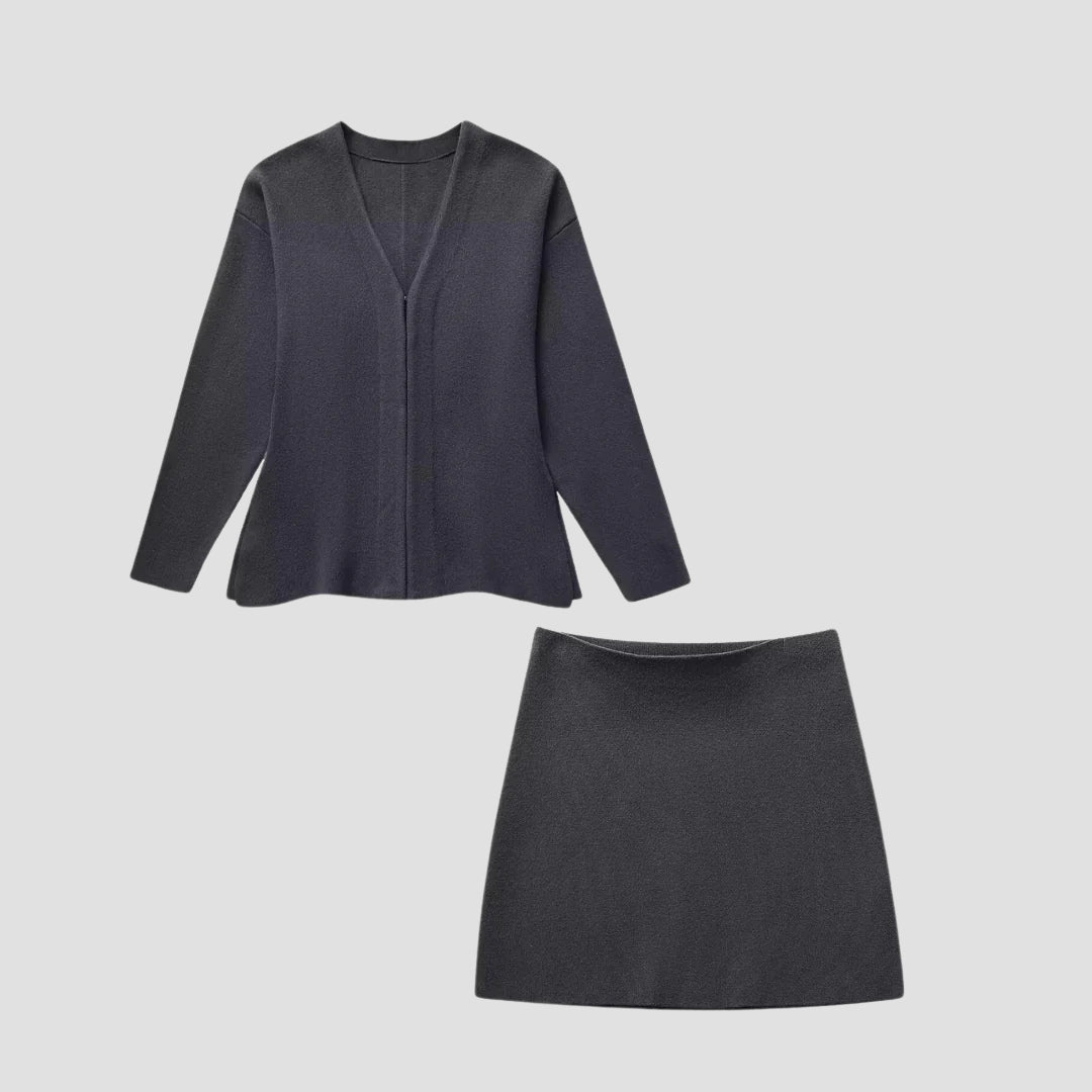 Evioleta | Two-Piece Set – Elegant Long-Sleeve Cardigan & Chic A-Line Mini Skirt